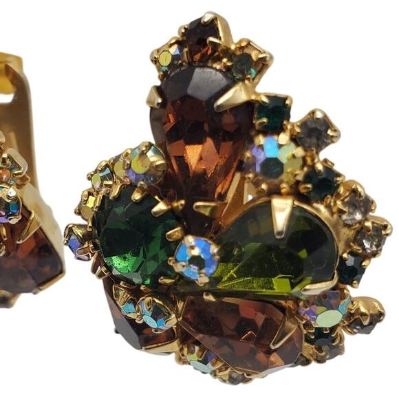 Hobe Earrings Vintage Clip On Rhinestone AB Green Amber Signed Statement Vintage - Picture 7 of 10